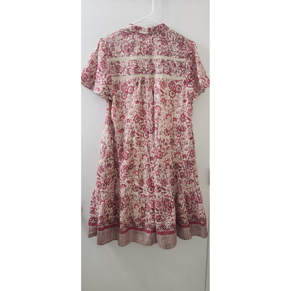 Anthropologie Red Floral Tiered Cotton Mini Dress Lace Trim Boho Womens Medium - Picture 9 of 11